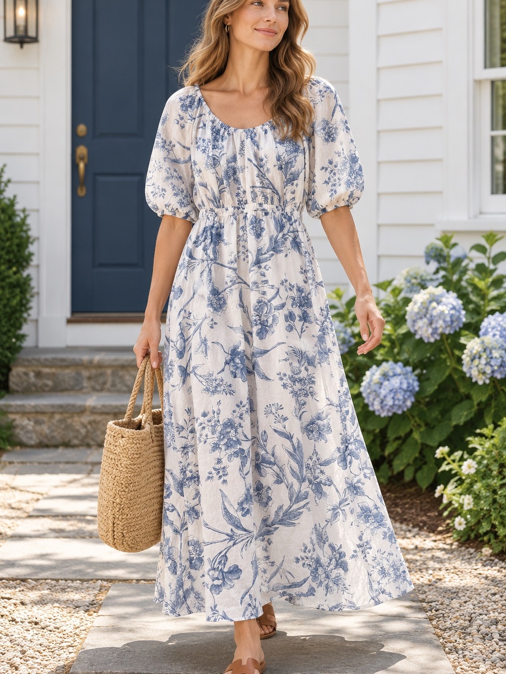 LOFT Outlet Blue White Floral Toile Puff Sleeve Maxi Dress Size Small